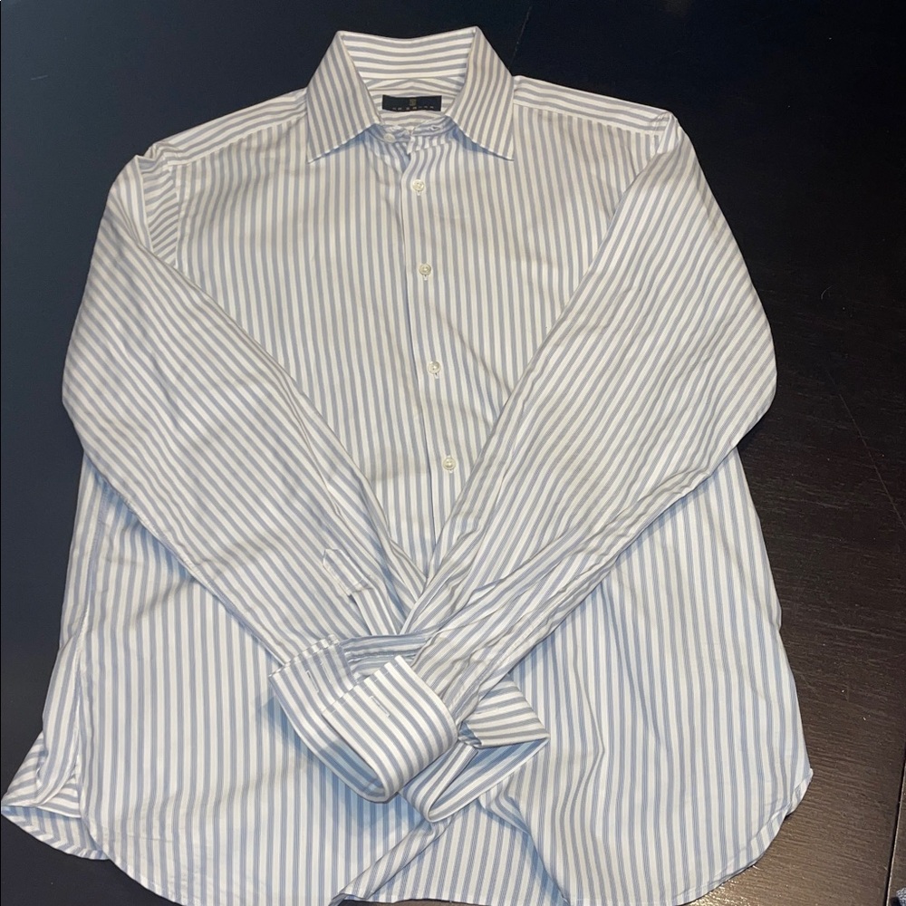 Ike Behar Blue and White Vertical Stripe Dress Shirt